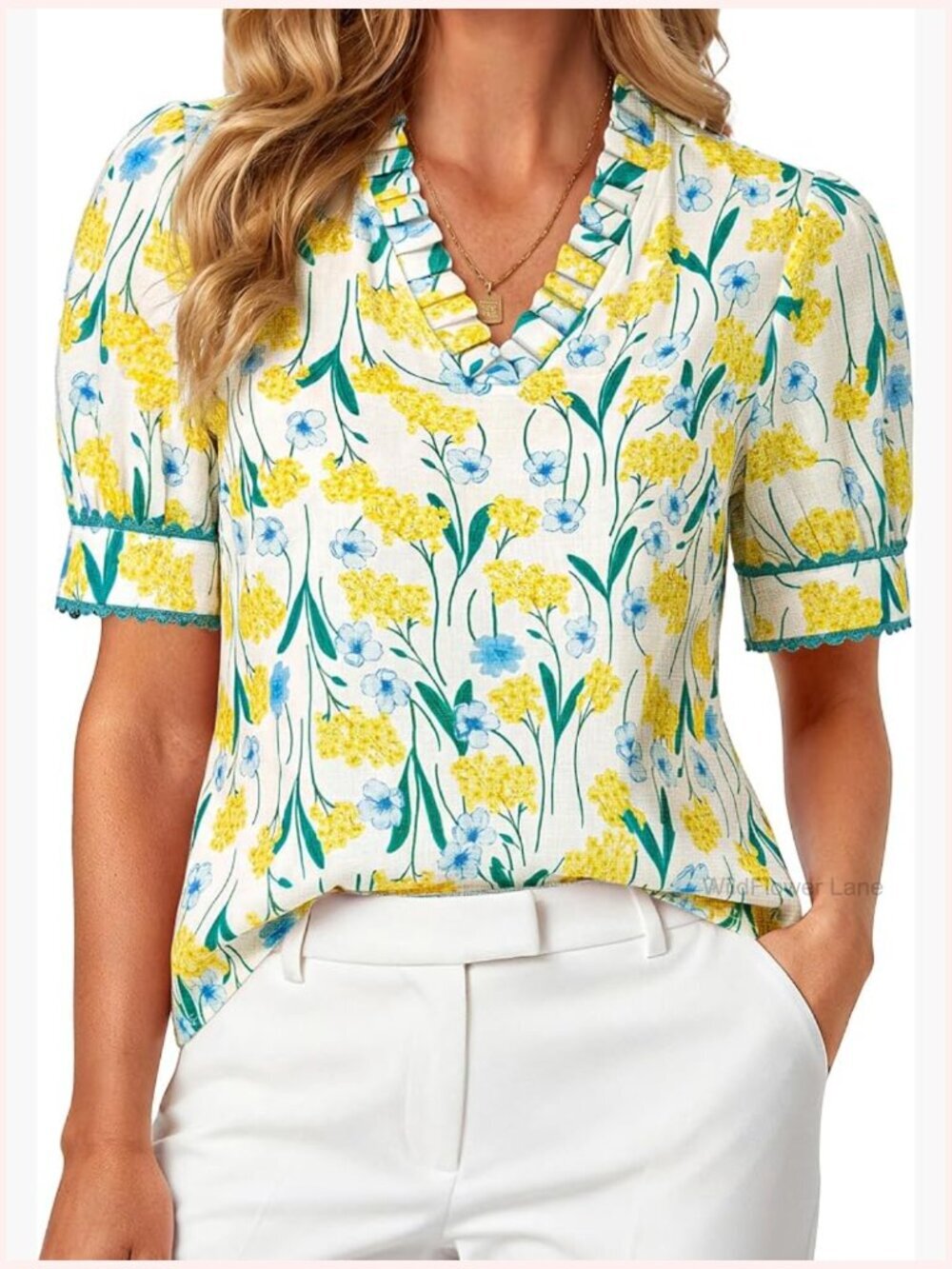 Boho Floral Puff Short Sleeve V-Neck Blouse for Summer